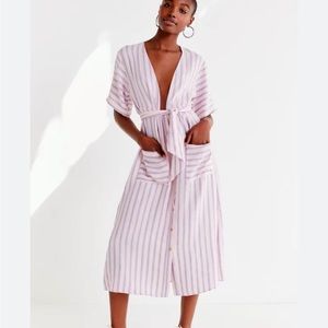 love + harmony Pink Purple Striped Plunge V Neck Belted Pocket Dress, Size Small